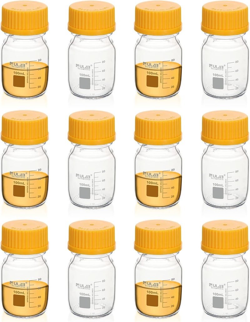 ULAB Round Media Storage Bottle, Vol.100ml(3.4oz) 3.3 Borosilicate Glass Bottles with GL45 Screw Cap, Pack of 12, URB1034 - Image 1